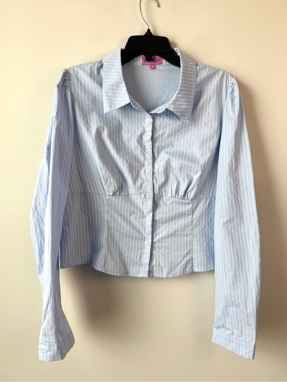 Edikted Tailored Pinstripe Cotton Poplin Shirt Light Blue XL Cropped